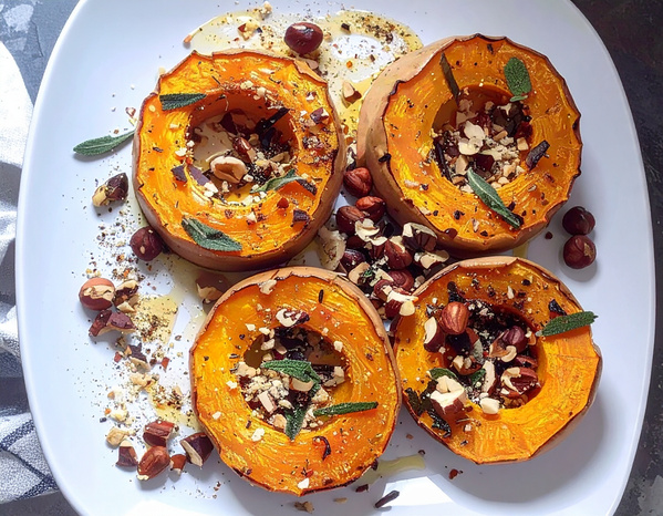 Geröstete Butternut Kürbisscheiben mit Nüssen und Kräutern auf einem weißen Teller.
