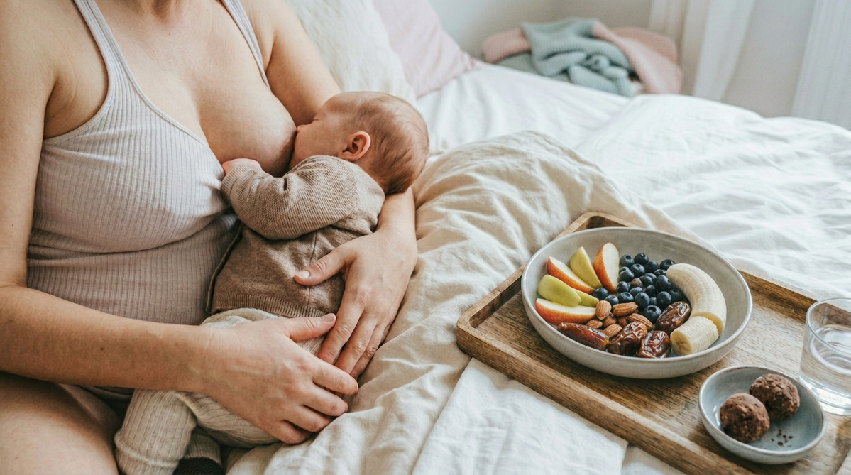 Eine Mutter stillt ihr Baby, daneben steht ein Frühstück mit Obst und Nüssen.