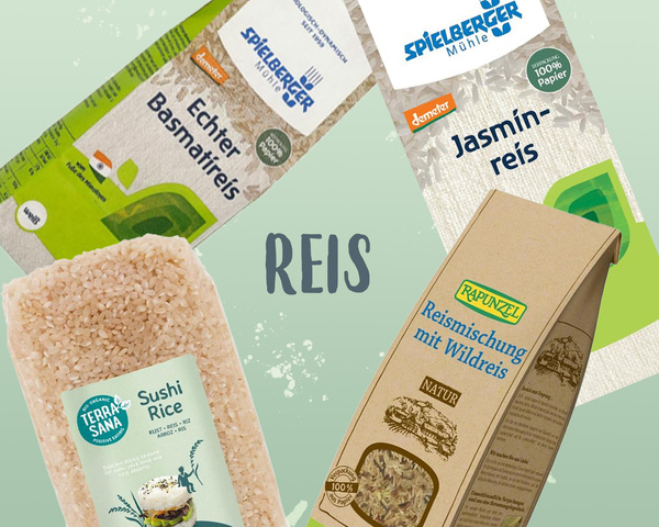 KI generiert: Bild mit verschiedenen Reissorten und Verpackungen, Text: "REIS".