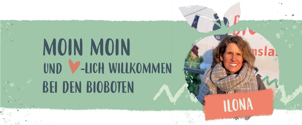 KI generiert: Das Bild zeigt eine Begrüßungsgrafik mit einem herzlichen Willkommensgruß bei den Bioboten, neben dem ein lächelndes Bild von jemandem namens Magda zu sehen ist. Der Hintergrund ist in sanften Grüntönen gehalten.