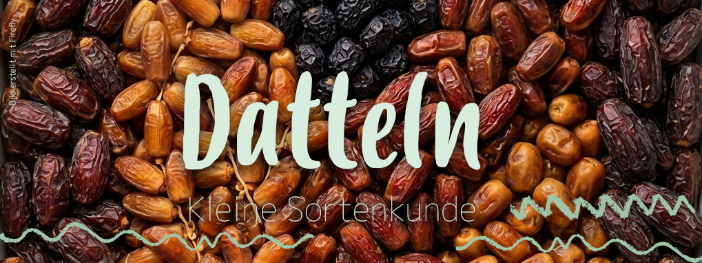 KI generiert: Hauptinhalt sind Datteln mit dem Text: "Datteln - kleine Sortenkunde".
