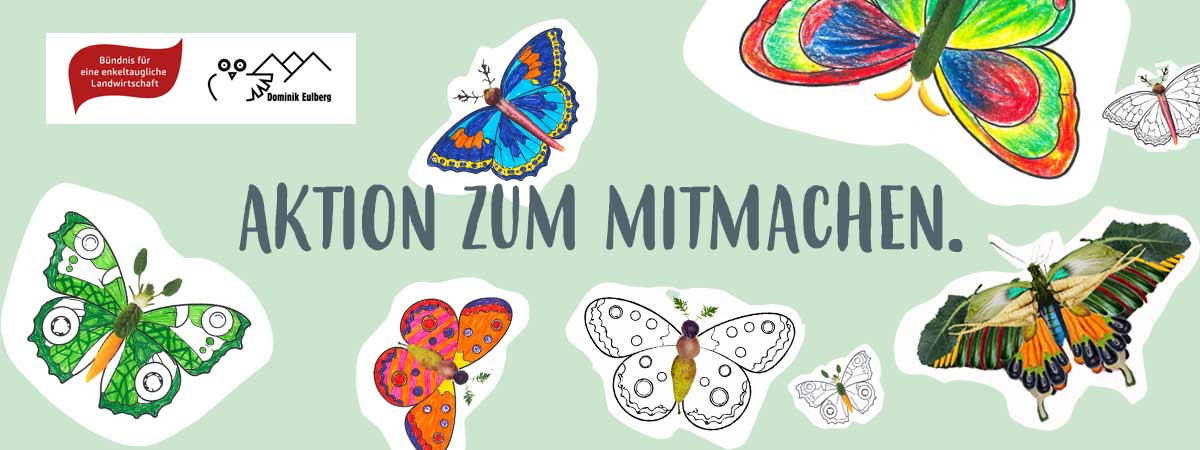 KI generiert: Bunte gezeichnete Schmetterlinge, Text: "AKTION ZUM MITMACHEN."