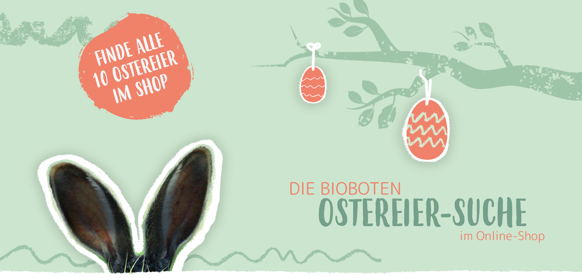 KI generiert: Osterhasenohren, Ostereier und Text: "Finde alle 10 Ostereier im Shop. Die Bioboten Ostereier-Suche im Online-Shop."