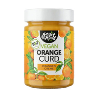 KI generiert: Hauptinhalt: Glas mit veganem Orangen Curd. Text: "Vegan Orange Curd" und "Orangen Creme".